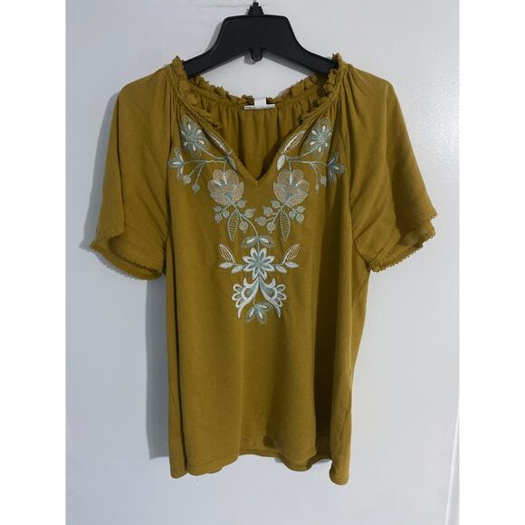 J.Jill top women’s size XS tan embroidered ruffle peasant cottage - Picture 1 of 6